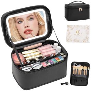 OCHEAL Makeup Bag With LED Mirror, Travel Makeup Bag With 3 Color Setting Light Up Mirror Cosmetic Makeup Organizer Vanity Case for Women Beauty Tools Accessories Rechargeable Makeup Travel Bag-Black