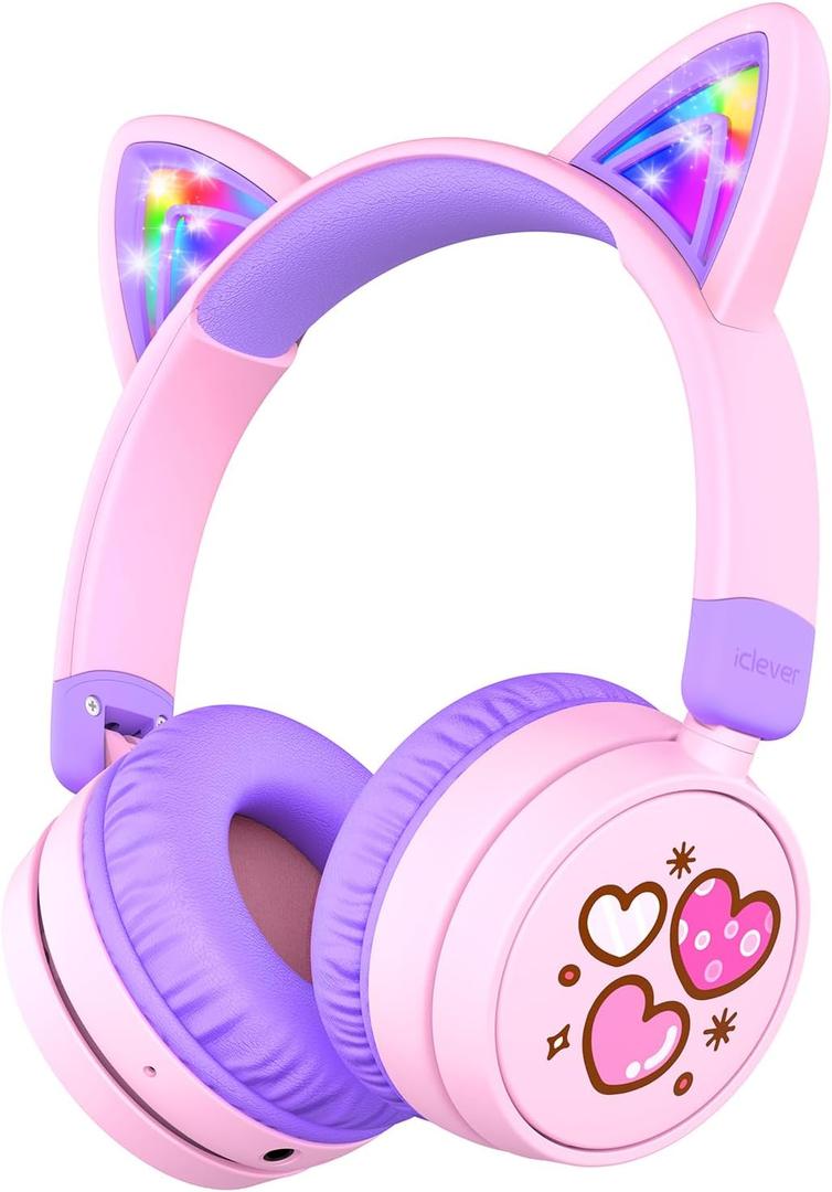 iClever Kids Bluetooth Headphones, Light Up Cat Ear,60H Playtime, USB C Fast Charging, Safe Volume 74/85dBA, Bluetooth 5.3,Toddler Headphones Wireless for iPad Tablets Travel,Meow Cookies-Peach Pink