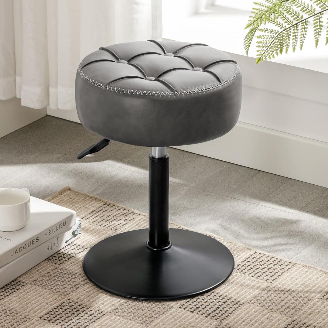 LUE BONA Adjustable Vanity Stool, 360 Swivel Chair for Makeup Room, Gray Faux Leather Stool for Bathroom & Living Room (Grey)