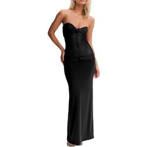 Womens Maxi Dress Removable Spaghetti Straps Knotted Twist Sweetheart See Through Night Club Party Cocktail Bodycon Dress (X-Small Tall, Black)