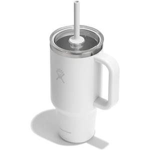 Hydro Flask Travel Tumbler with Handle, Clear Lid and Straw - Insulated Stainless Steel (32 Ounces, White)