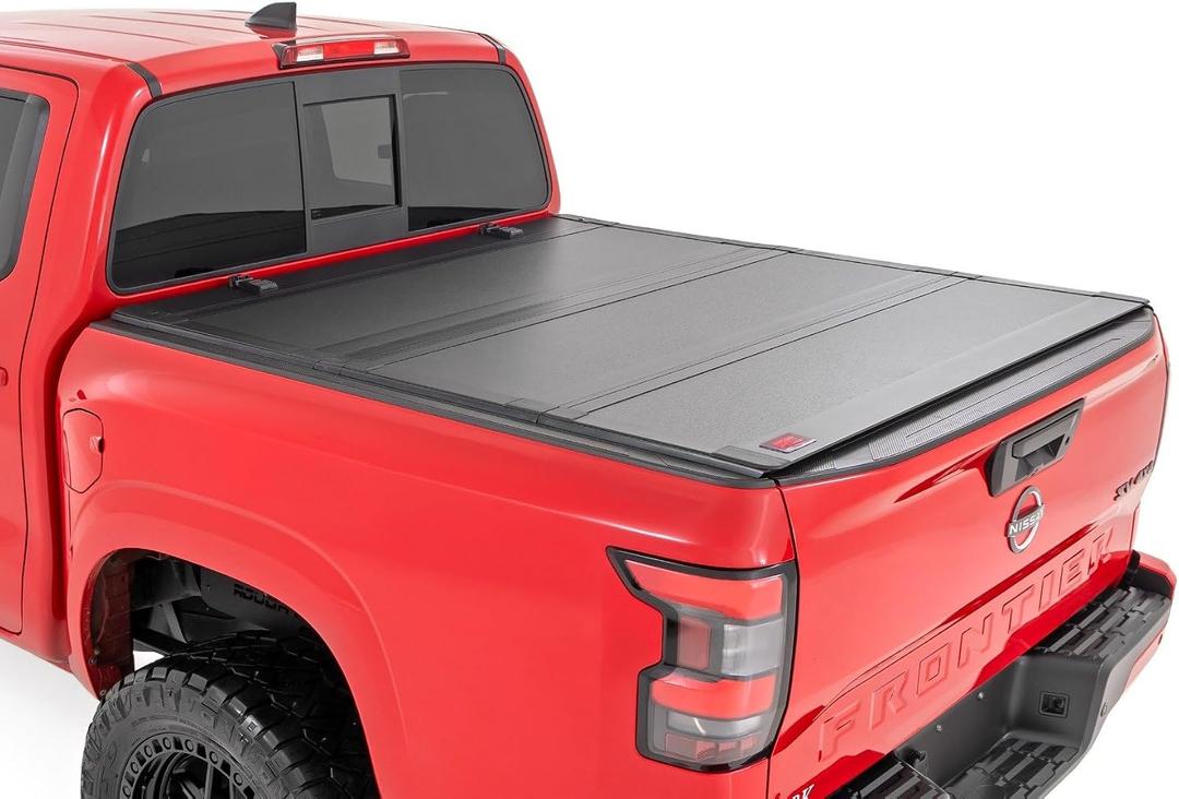 Rough Country Hard Tri-Fold Flip Up Truck Bed Tonneau Cover for Nissan Frontier (2005-2021) - Fits 5' (60") Bed, Weather-Resistant. Flush Aluminum Panels
