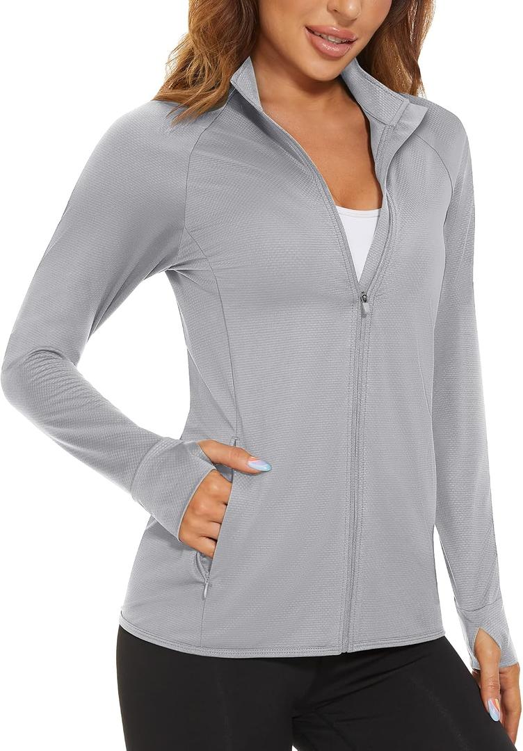 MAGCOMSEN Women's UPF 50+ Lightweight Athletic Jacket Sun Protection Full Zip Long Sleeve Shirts Hiking Outdoor Pockets L