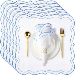 Hahafelt 6 Set Cloth Napkins 18x18inches Scalloped Embroidery Cloth Napkins Washable Polyester Table Dinner for Hotel Restaurant Weddings Events Parties (Blue)