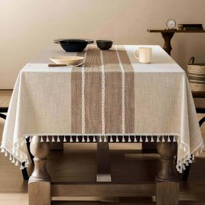 ZeeMart Contrast Linen Table Cloth 60x84 Inch (Fit 5ft, Narrow Fit 6ft Rectangle Table), Brown Farmhouse Heavy Weight Beige Tablecloth, Water Resistant Burlap Table Cover