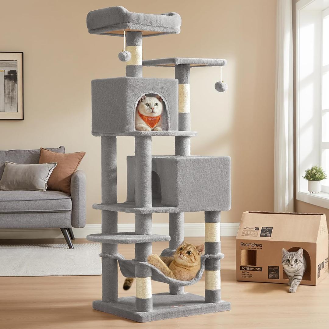 Feandrea Cat Tree, 59.5-Inch Tall Cat Tower, Plush Multi-Level Condo with 5 Scratching Posts, 2 Perches, 2 Caves, Hammock, 2 Pompoms, Light Gray UPCT192W01
