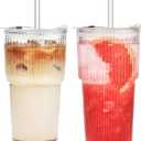 ALINK 20 oz Ribbed Glass Tumbler with Lids and Straws, Ripple Iced Coffee Cups, Thickened Drinking Glasses for Coffee, Smoothies, Cocktail, Juice, Cold Drinks, Pack of 2 - Clear