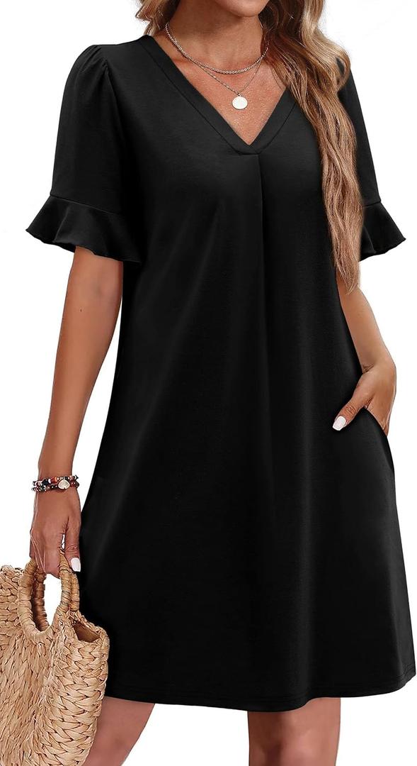 OFEEFAN Summer Dresses for Women Ruffle Short Sleeve V Neck Casual Shift Dress with Pockets (Black, S)
