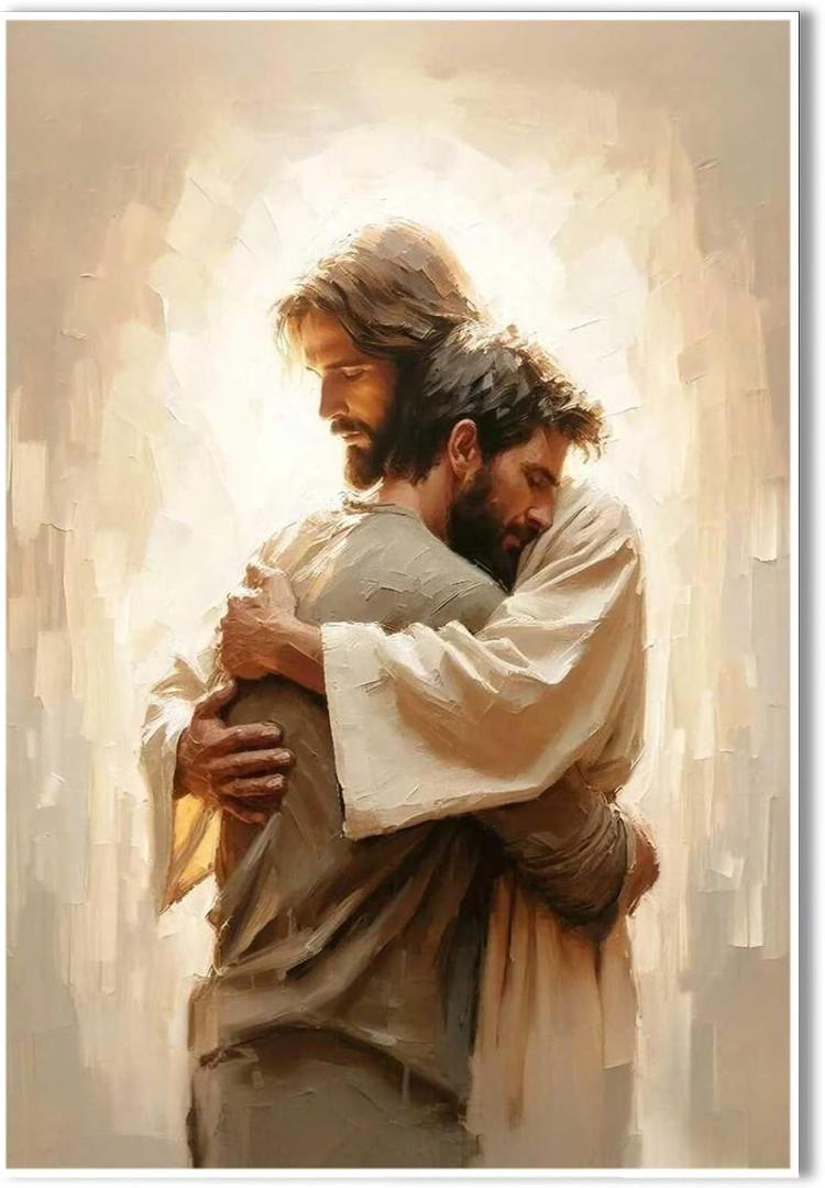 A Sacred Bond Christian Painting Jesus Hugging Man Jesus Painting LDS Art Bible Verse Wall Art Scripture Poster Christian Home Decor Wall Decor for Home Offices Living Room Bedroom Dining Room