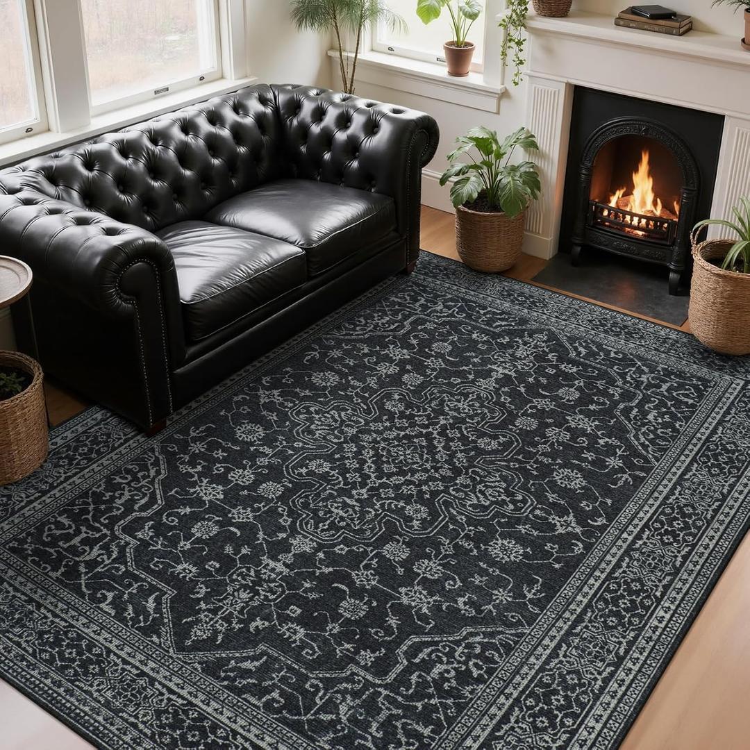 Washable Rugs 8x10 Area Rugs for Living Room,Bedroom,Dining Room- Soft Low Pile Stain-Resistant Carpet with Non-Slip Rubber Backing,Large Vintage Area Rug for Farmhouse Nursery Home Office Decor (Black-white)
