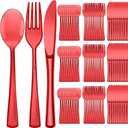 150 Pieces Disposable Cutlery Set Plastic Silverware Heavy Duty Utensil Sets 50 Forks 50 Knives 50 Spoons for Home Office School Party Picnics Restaurant Outdoor Events or Every Day Use (Red)