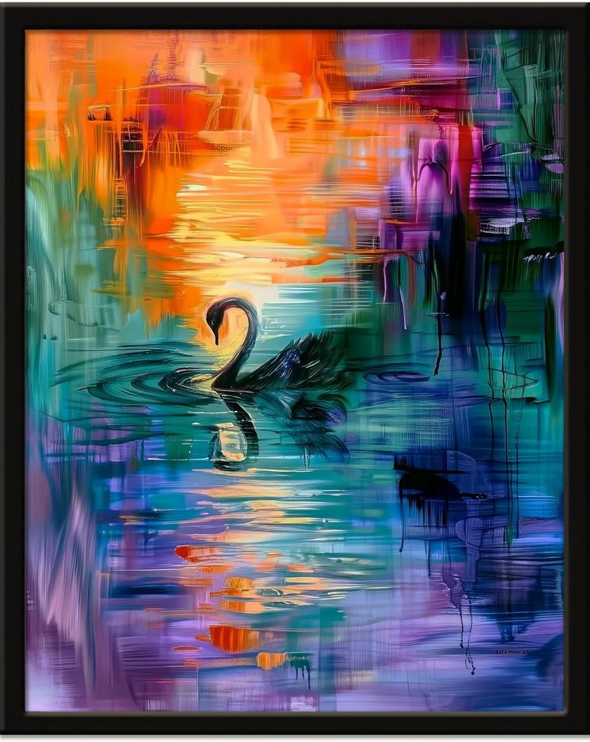 3 x Monet Style Colorful Wall Art Prints Black Swan In The Misty Lake Poster Canvas Art Wall Decor Picture For Bedroom Dorm Office Bathroom Wall Decor Aesthetic Home Artwork 8"  10" With Framed (BK07.)