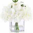 WELL KNOWN Fake Flowers in Vase, Hydrangea Ranunculus Artificial Flowers with Vase, Silk Faux Floral with Faux Water Arrangements Centerpiece for Office Dining Table Home Hotel Wedding Decor (White)