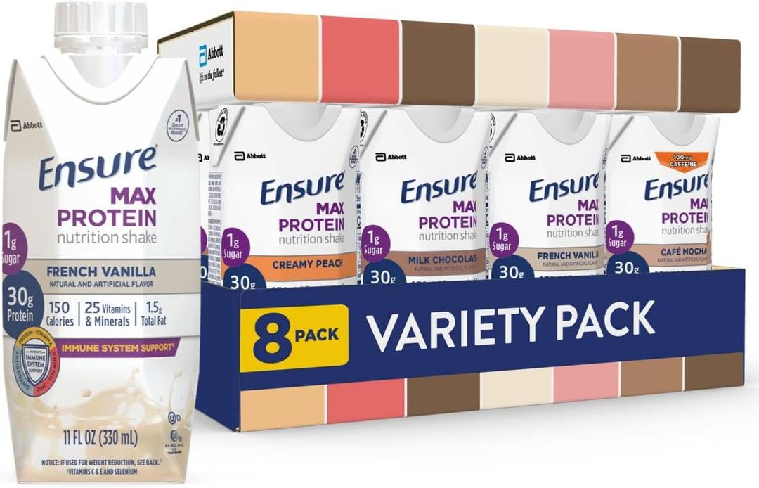 Ensure Max Protein Nutrition Shakes, Variety Pack, With 30g of Protein, 1g of Sugar, Nutrients to Support Immune System Health, High Protein Shake, 11 fl oz, Pack of 8, Liquid (EXP 10/10/26)
