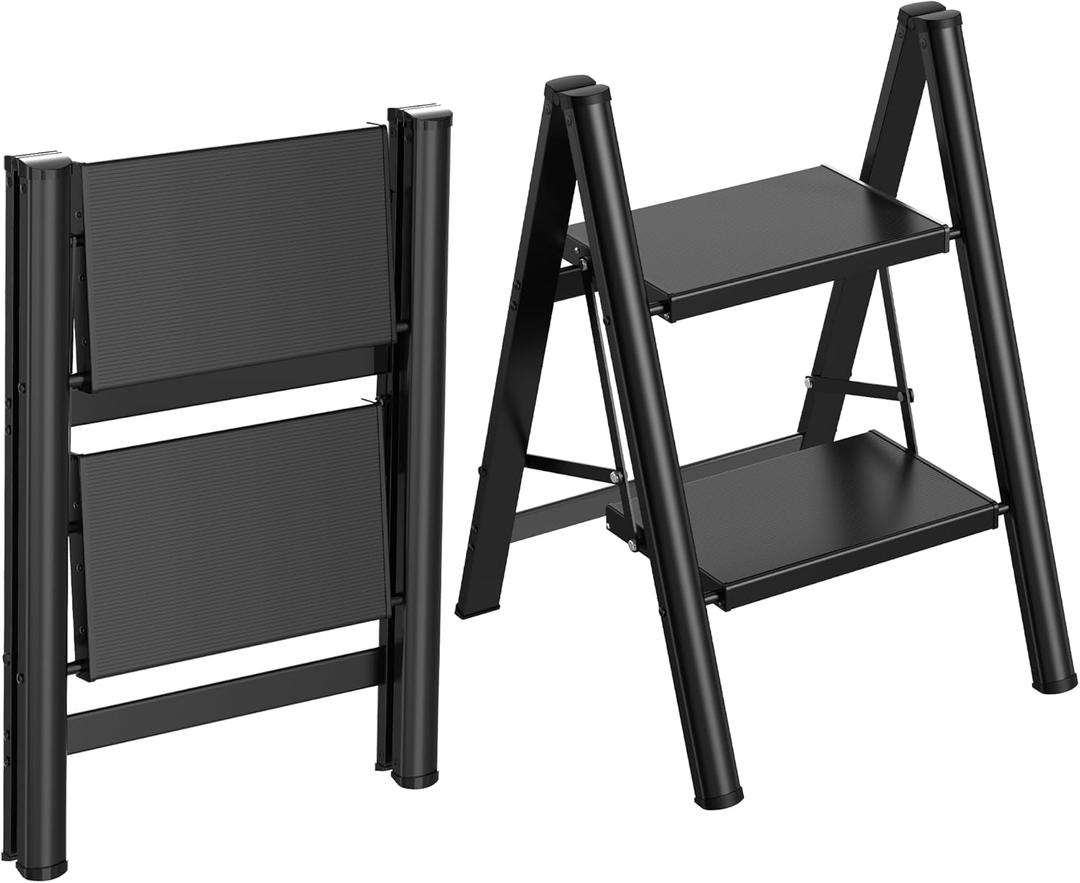 HBTower Step Ladder,Lightweight Aluminum Folding Step Stool with Anti-Slip Wide Pedal,330lbs Capacity Step Ladder for Household,Kitchen,Office - Black