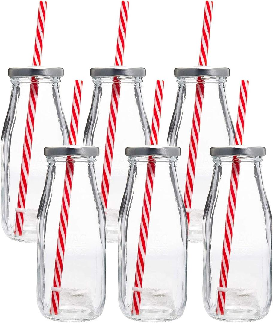 Estilo Glass Milk Bottle with Lid - Milk Glass - Reusable Glass Bottle for Dairy Milk With Straws & Metal Screw On Lids, 10.5 Ounce, Clear, Set of 7