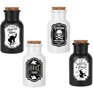 Halloween Decorations for Home - Set of 4 Apothecary Potion Bottles with stickers - Scary Witch Poison Ghosts Black Cat Farmhouse Tiered Tray Decor For Home Table Party Supplies