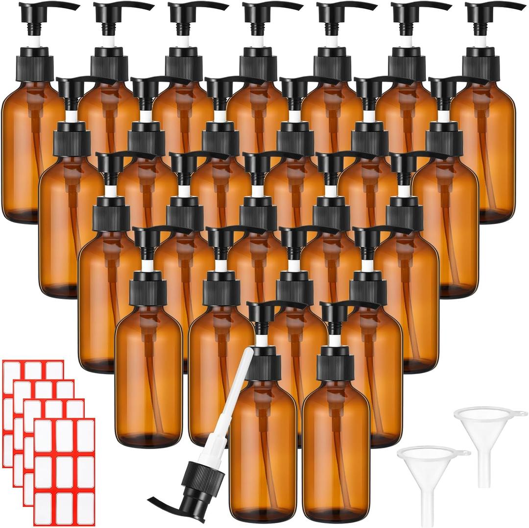 Tanlade 24 Glass Pump Bottle Dispenser 4 oz Travel Bottles, Amber
with Pump Refillable Glass Containers for Toiletries Lotion Liquid Soap Shampoo Essential Oils Cosmetic Travel Accessories