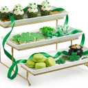 LAUCHUH Large 3 Tier Serving Stand Tiered Serving Trays with Collapsible Sturdier Rack Porcelain Serving Trays and Platters for Fruit Dessert Presentation St. Patrick's Day Party Display Set, 14 Inch (Gold)