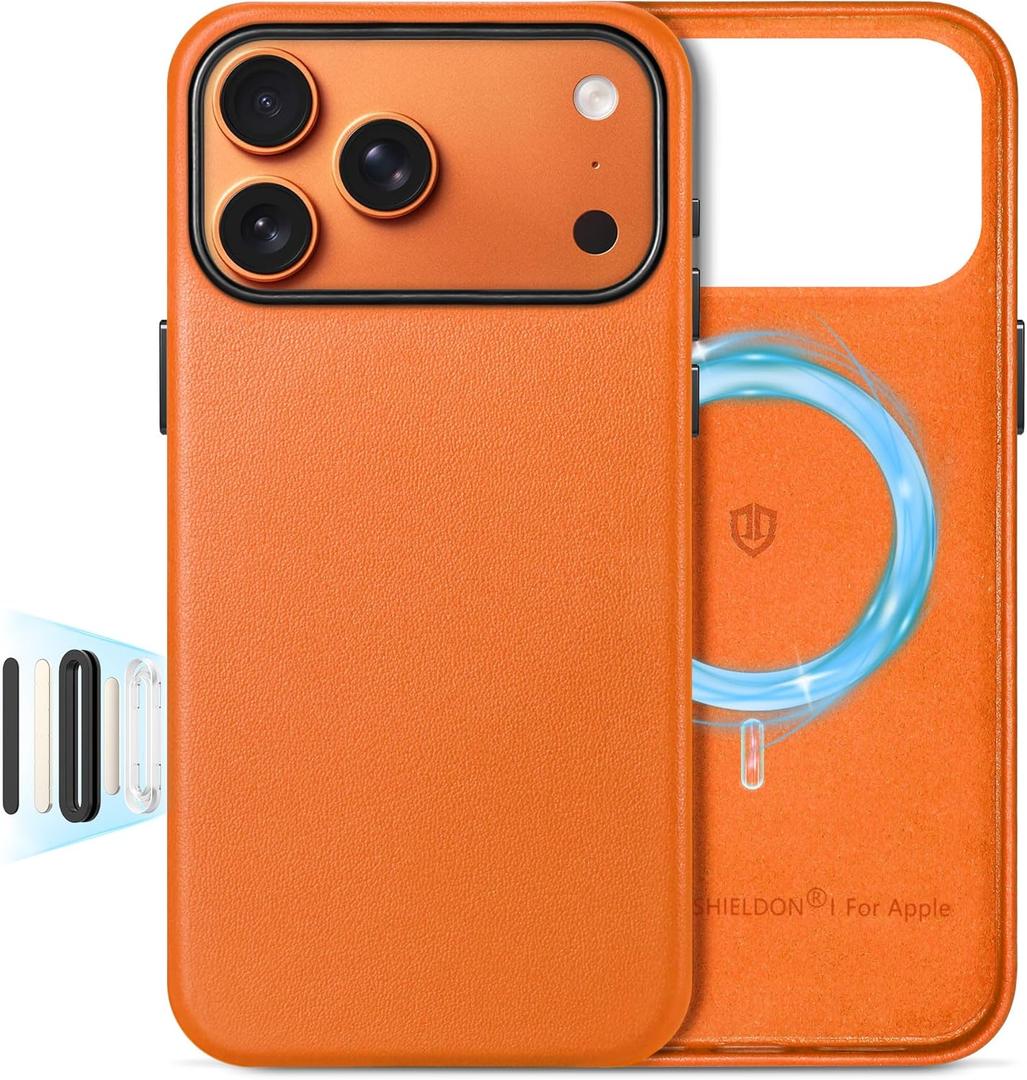 SHIELDON Genuine Leather Case for iPhone 17 Pro Max 6.9" 2025 | Compatible with Magsafe, Updated Camera Button, Magnetic Wireless Charging, Anti-Scratch, Shockproof, Protective Phone Cover - Orange