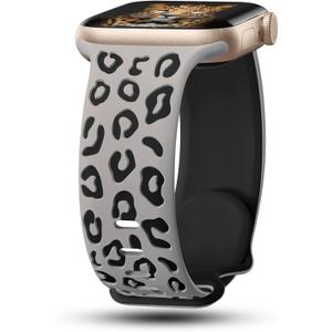 CreateGreat Engraved Leopard Bands Compatible with Apple Watch Band 40mm 41mm 38mm 42mm 44mm 45mm 46mm 49mm Women, Silicone Cheetah Designer Strap for iWatch Series 10 9 8 7 6 5 4 3 2 SE Ultra (Grey & Black)