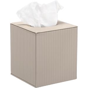 Sumnacon PU Leather Tissue Box Cover Modern Square Tissue Box Holder with Magnetic Closure Decorative Tissue Dispenser Stripes Textured Tissue Holder for Bathroom Car Home Office, Beige