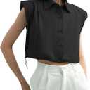 Tankaneo Womens Sleeveless Button Down Shirts Casual Loose V Neck Pad Shoulder Crop Tank Top (Small, Black)