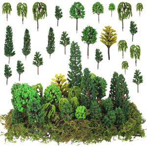 Tigeen 28 Pcs Model Trees Mixed Model with 1.4 Ounce Faux Green Moss Decor Tree Train Scenery Architecture for DIY Crafts, Building, Scenery Landscape(Natural Green)