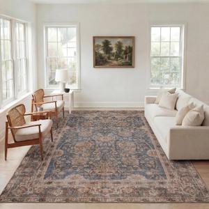 Kuden 9x12 Large Area Rug, Machine Washable Area Rug with Non-Slip Backing, Vintage Style, Soft, Easy Clean, Low Pile Rug for Living Room, Bedroom, Dining Room