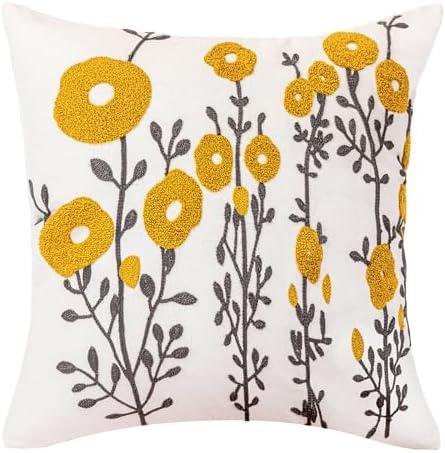 vctops Boho Floral Tufted Decorative Throw Pillow Cover Botanical Embroidered Cotton Cushion Cover for Couch Sofa Bed (Flower C,18"x18") Pack of One