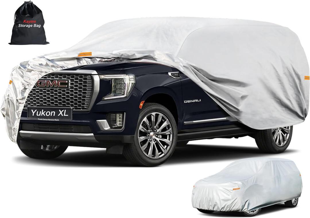 Kayme 6 Layers SUV Car Cover Custom Fit for GMC Yukon XL (2000-2025) Waterproof All Weather for Automobiles, Outdoor Full Cover Rain Sun UV Protection.Silver