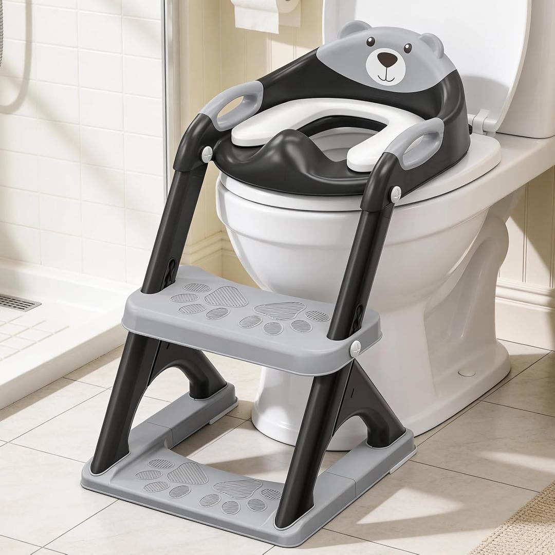 Potty Training Seat with Step Stool Ladder, Toddler Toilet Seat for Boys Girls, Adjustable 6 Heights Fits Round & Elongated Toilets, Anti-Slip Pads & Leak-Proof Guard (8899-Black)