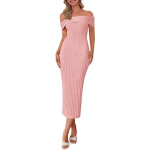 PRETTYGARDEN Summer Dresses for Women Formal Off The Shoulder Midi Bodycon Ribbed Knit Spring Wedding Guest Dress (Pink,Large)