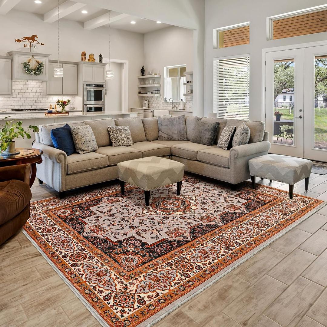 Area Rug for Living Room, Machine Washable Boho Rugs for Bedroom, 4x6Ft Non-Slip Vintage Carpet for Office Dining Room Entryway Hallway, Orange
