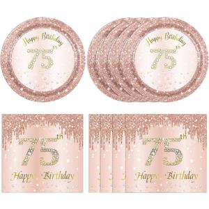 75th Birthday Decorations for Women,75th Birthday Party Plates and Napkins,Rose Gold 75 Year Old Party Theme Tableware 75 Party Table Decorations Supplies,Disposable 7'' Paper Plates, Napkins