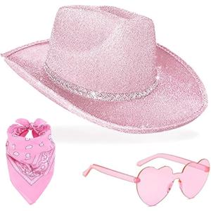 DAJOOEE Cowgirl Hat with Heart Sunglasses Glitter Cowboy Hat for Women & Girls Cosplay Bachelor Party Costume Hats (Pink)
