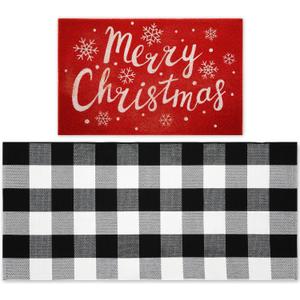 2 Pcs Christmas Doormat 24'' x 51'' Christmas Outdoor Rug and 18'' x 28'' Merry Christmas Coir Doormat Welcome Mat Xmas Non Slip Floor Mat for Outside Entrance Front Porch(Snowflake)