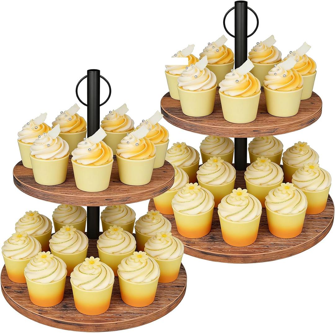 Cupcake Stand, 2 Pack Rustic Wood Cake Stand, 2 Tier Cupcake Tower Round Tiered Tray Stand for Dessert Table Display, Industrial Wooden Serving Stand Wedding, Graduation and Baby Shower