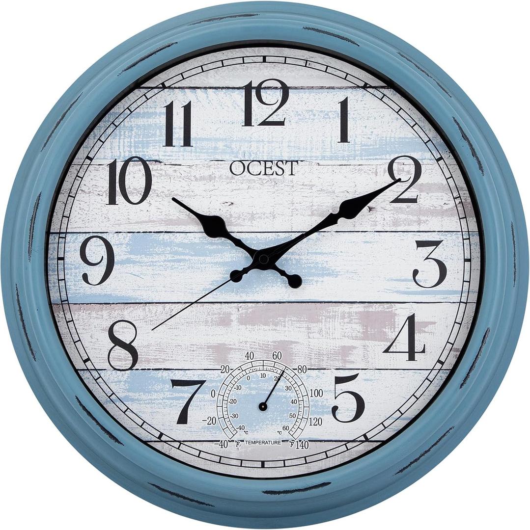 OCEST 16 Inch Indoor Outdoor Clock, Waterproof Large Wall Clock with Thermometer, Silent Non-Ticking Battery Operated Decor for Patio Pool Porch Garden GarageBlue
