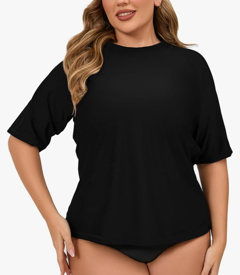Halcurt Women's Plus Size Short Sleeve Rash Guard Swim Shirts Top Only Loose Fit Swim Tee UPF50+ Swimsuit, Black , 1X