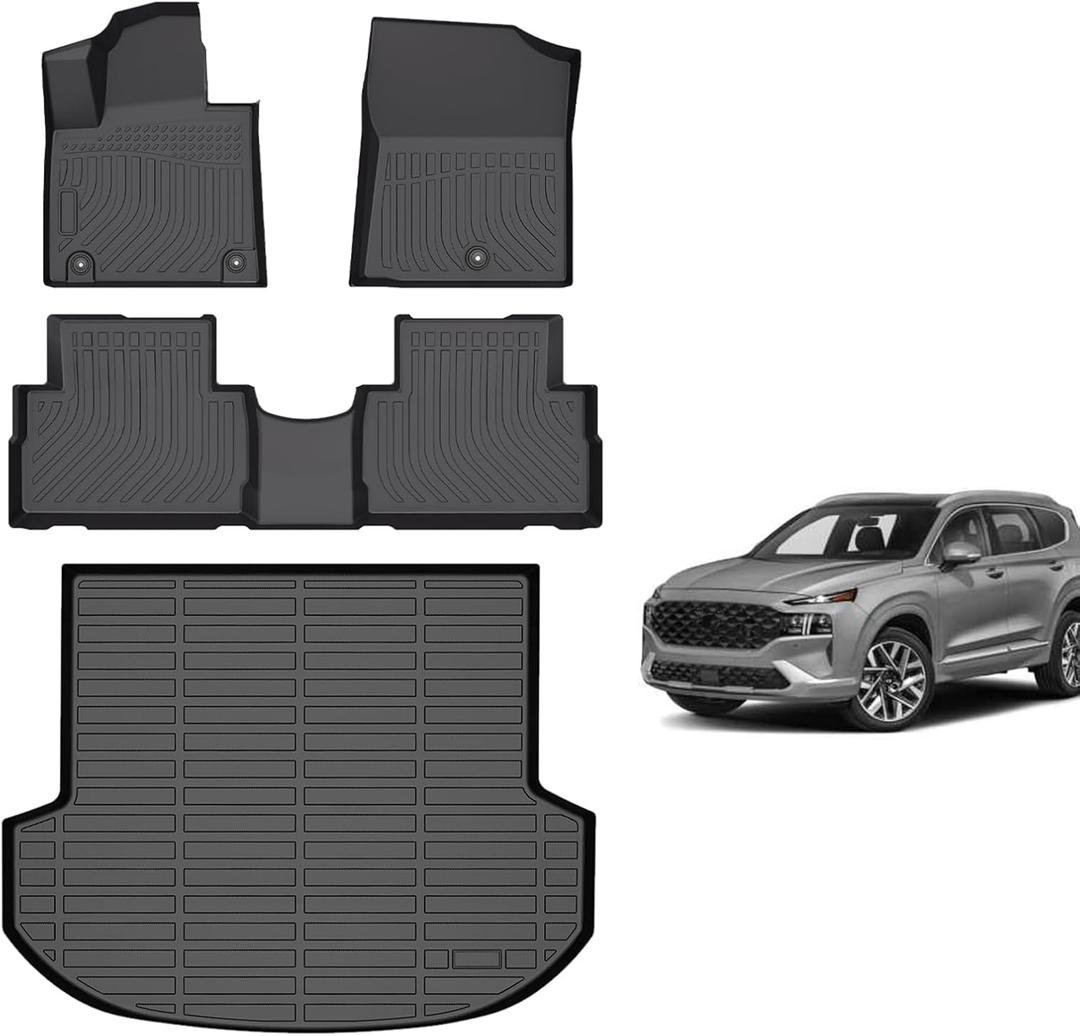 for Hyundai Santa FE Floor Mats 2021 2022 2023(Not Fit Hybrid), TPE All Weather Custom Car Floor Mat Cargo Trunk Liner Full Set for Hyundai Santa FE Accessories 2021-2023