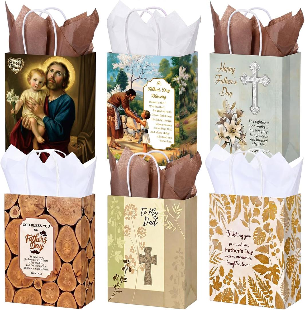 Weetude 24 Pcs Father's Day Christian Gift Bags with Tissue Paper, Happy Father's Day Goodie Bags with Handle Religious Bible Verse Paper Bag for Men Dad Theme Party Favors