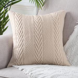 MANDIOO Cotton Knitted Decorative Throw Pillow Covers Soft Cozy Outdoor Cushion Cases Luxury Modern Pillowcases for Couch Sofa Bed 16x16 Inches Beige