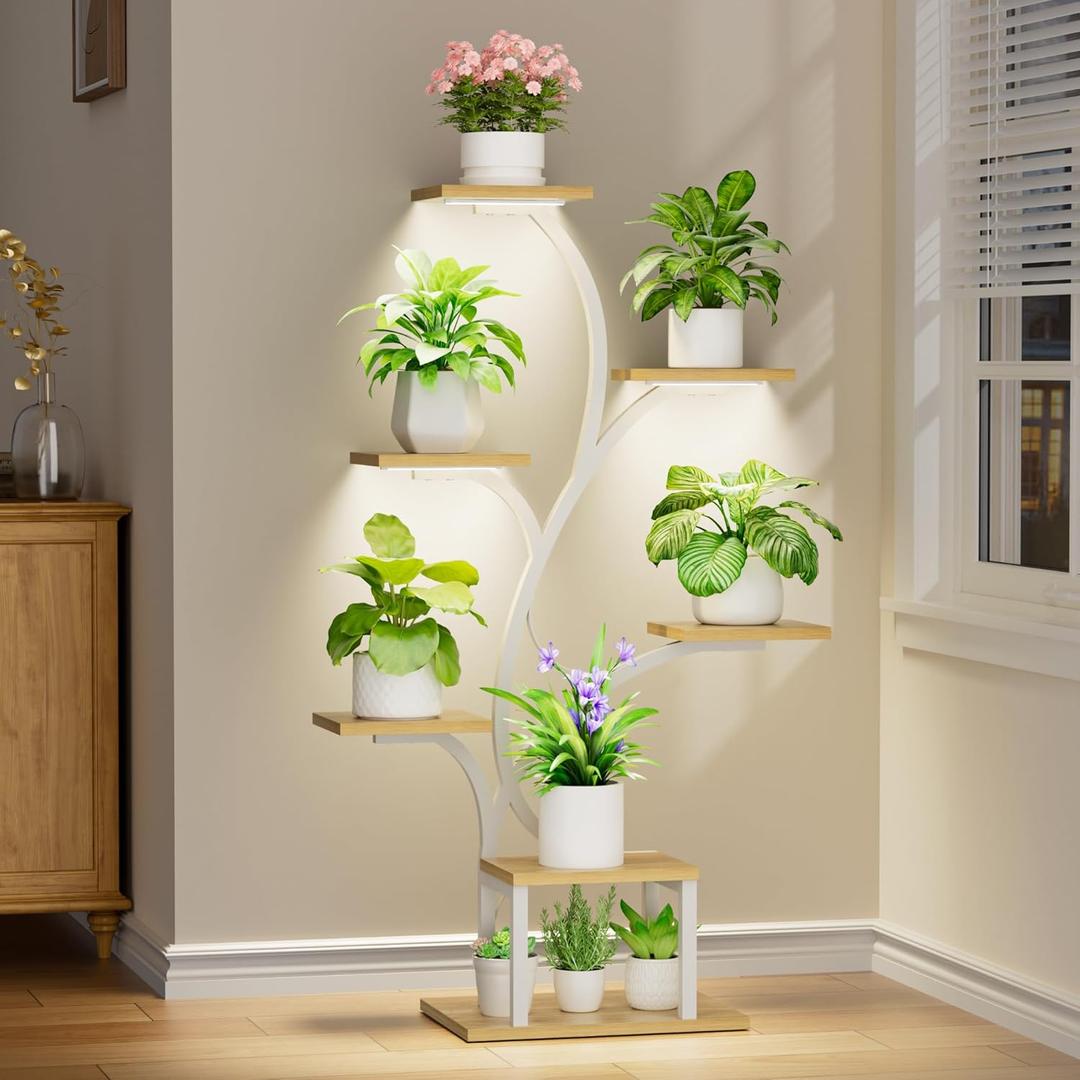 Plant Stand Indoor with Grow Lights, 7 Tiered Plant Shelf Indoor, 49" Corner Plant Stands for Indoor Plants, Metal Plant Flower Display Shelves, Tree-Shaped Plant Rack for Home, Patio, White