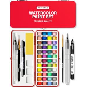 ARTISTRO Watercolor Paint Set in Portable Box, Includes Metallic and Fluorescent Paints, 2 x Brushes, Watercolour Paper, Acrylic Markers, Travel kit for Artist and Beginners
