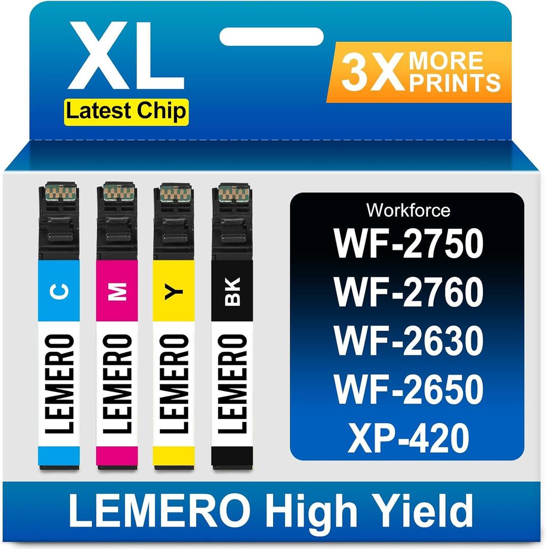 LEMERO Remanufactured Ink Cartridge Replacement for Epson 220XL Ink Cartridges High Yield for Workforce WF-2750 WF-2760 WF-2630 WF-2650 XP-420 XP-320 WF-2660 XP-424 Printer (4 Pack)