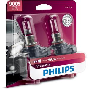 Philips Automotive Lighting 9005 VisionPlus Deluxe Upgrade Automotive Replacement Headlight Bulb, Fits Select High Beam, Low Beam, or Fog Positions (Pack of 2)