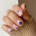 3 x 24 Pcs Press on Nails Short Square - ZIFANHU Pink Fake Nails Press ons Nail Art Tip Full Cover Acrylic Dark Blue False Nails with Five Petal Flower Glossy Design Glue on Nails for Women