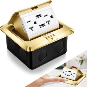Hoolerry 1 Pack Pop up Floor Electrical Outlet Cover Box Kit with 4.8A USB Charger 20Amp Waterproof Weatherproof Floor Tamper Resistant Outlet Receptacle for Countertop Home (Gold)