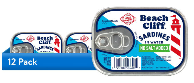 (12 pack) Beach Cliff Wild Caught Sardines in Water with No Salt Added, Gluten Free, 12g Protein Per Serving, Shelf Stable Tin Can, 3.75 oz